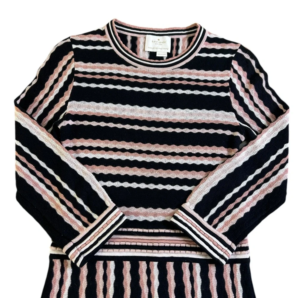 Kate Spade Scallop Stripe Knit Sweater‎ Dress Blush Black Cream Fit & Flare Sz S